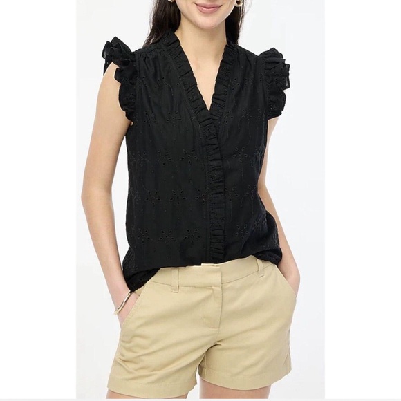 J.Crew Flutter Sleeve Eyelet Top, black, small - Picture 3 of 7